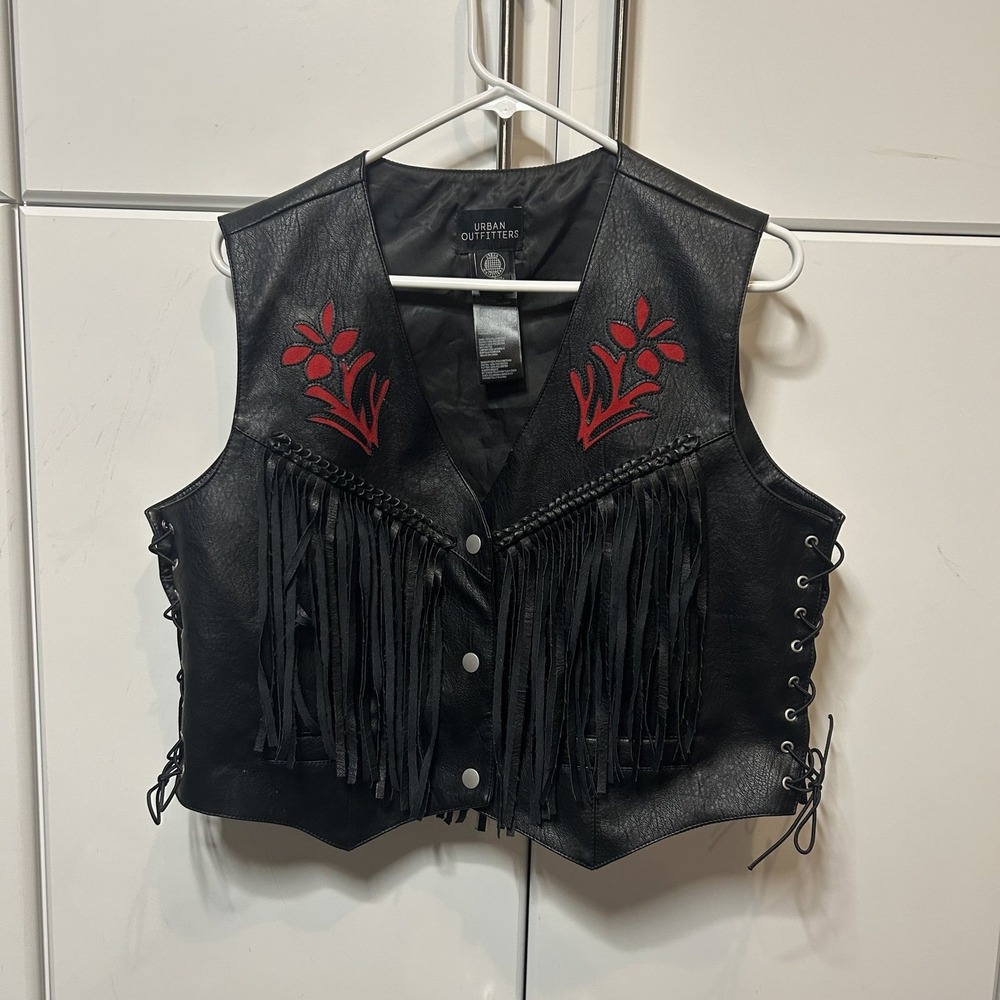 Urban Outfitters Black Faux Leather Fringe Vest Floral Embroidery Western Large